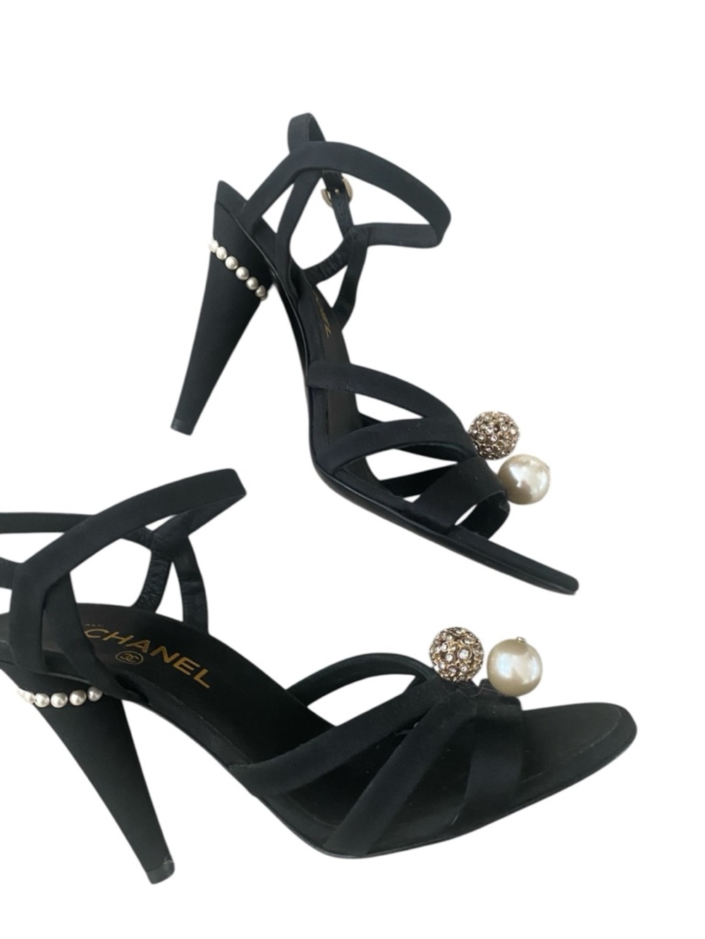 CHANEL Black Satin Strappy Heels with Pearl & Crystal Ornaments size 40 - Picture 6 of 11